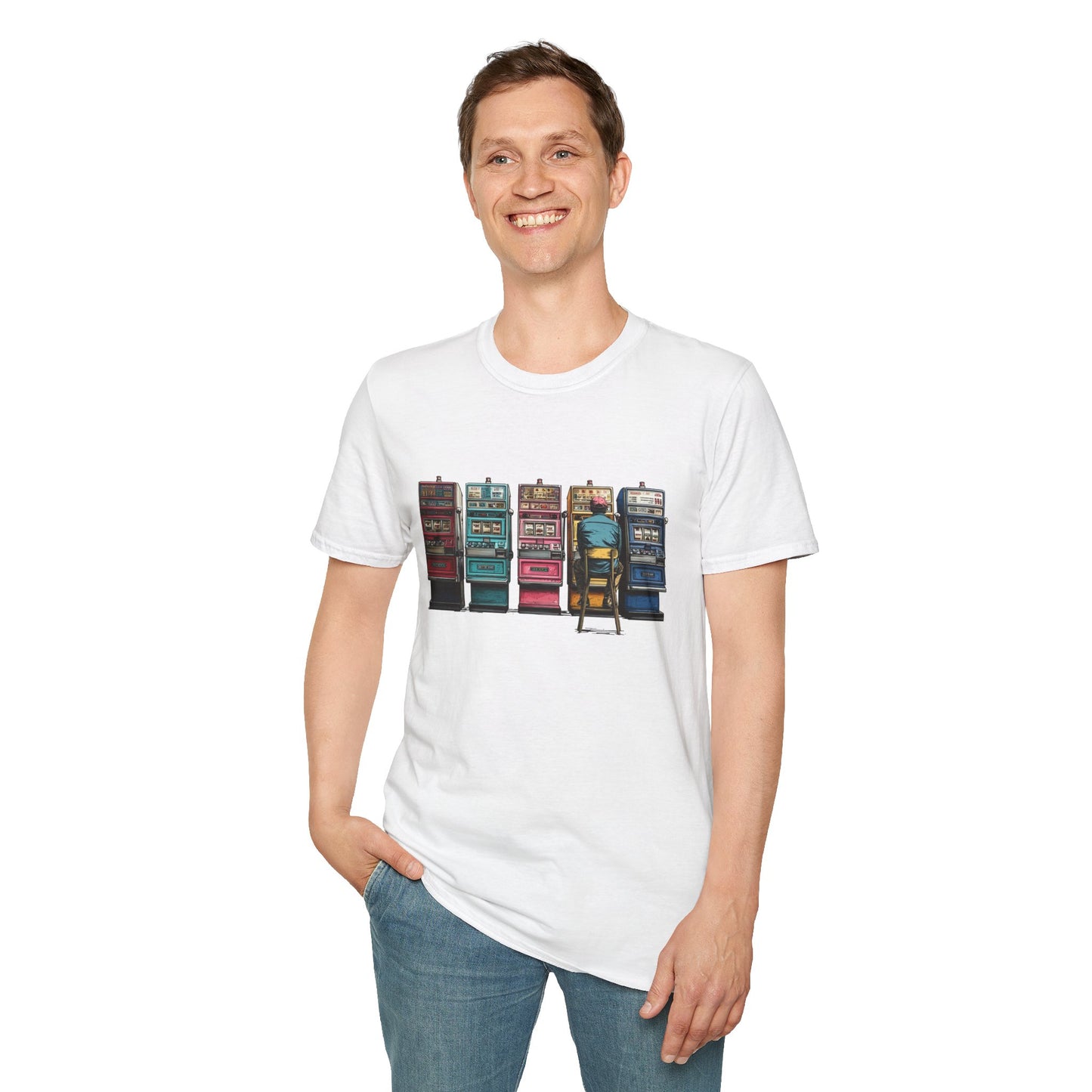 Guy Playing Retro Slot Machines | Casino Gambling T-Shirts